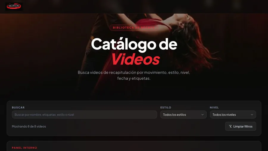 Catálogo de videos de InMotion Dance Academy con filtros por estilo y nivel