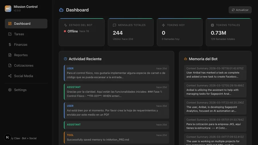 Consola Mission Control de GravityClaw con estado del bot, tareas y actividad reciente