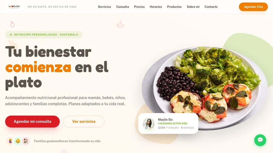 Página de inicio del sitio de nutrición Saludable con agenda de consultas